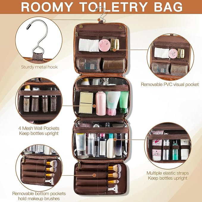 Elviros Hanging Toiletry Bag for Men PU Leather Shaving Dopp Kit (Brown) | 3-in-1 Waterproof Travel Organizer with Separate Compartments for Grooming Items, Toiletries, and Daily Essentials