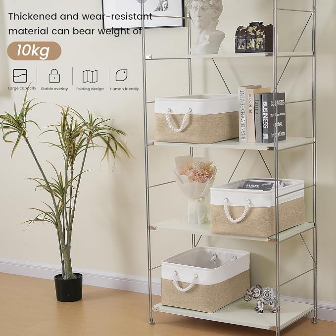 Large Storage Baskets- 15.7x11.8x8.26 inch Storage Bins for Shelves and Closet Organizing, Foldable Fabric Bin for Home Organization Clothes and Laundry (3-Pack, White&Khaki)