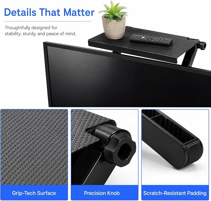 11.5 Inch Adjustable Screen Top Shelf Organizer for TV Computer Monitor Flat Screen, TV Mount Top Shelf Used to Place Soundbar Cable Box Speakers Apple TV Play-Station Camera Frames Remote