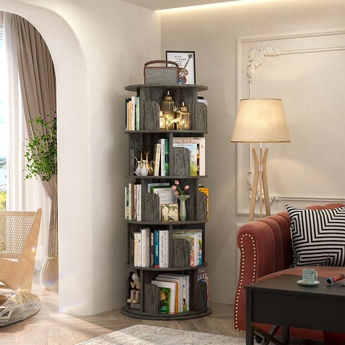 Aheaplus 5 Tier Rotating Bookshelf, Wood Spinning Bookshelf Tower, Round Revolving 360 Bookcase, Narrow Turning Book Shelf Rolling Corner Organizer for Small Space, Bedroom, Office, Black Oak