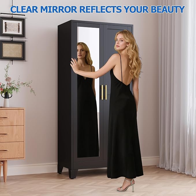 GAIOUS Metal Wardrobe Cabinet with Mirror and Hanging Rod, 71" Black | Clothing Storage Cabinets with 2 Doors and Adjustable Shelves, Armoire Wardrobe Closet for Bedroom, Laundry Room, Cloak Room