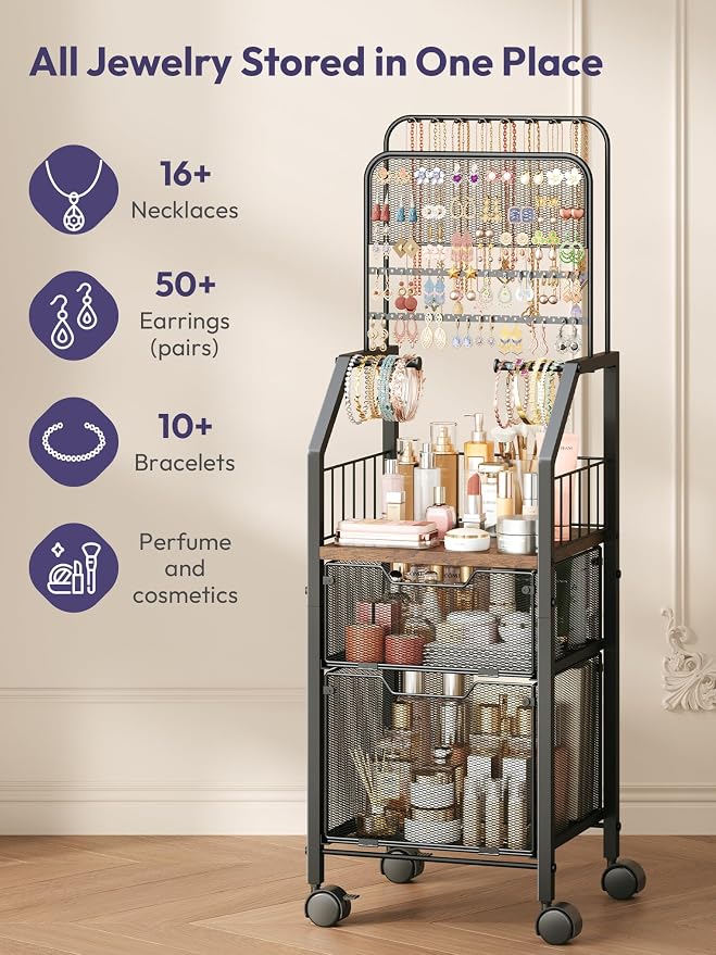 SWTYMIKI Jewelry Organizer with Drawers- Metal Jewelry Holder Stand Large Necklace Holder and Earring Organizer Display, Rolling Jewelry Storage Makeup Organizer for Bedroom Vanity Closet Espresso