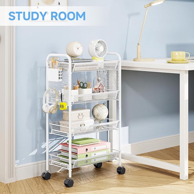 4 Tier Metal Rolling Utility Cart - Heavy Duty Storage Trolley with Pegboard, 4 Hooks & 1 Bin, Mobile Organizer Shelves for Bathroom Kitchen Office Craft Room Laundry
