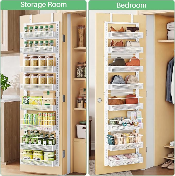 Narrow Over the Door Pantry Organizer - 8 Tiers Height Adjustable Pantry Organizers and Storage with Dense Mesh Baskets, Metal Spice Rack for Kitchen Bathroom (White, 12.2"W x 4.6"D x 69.1"H)