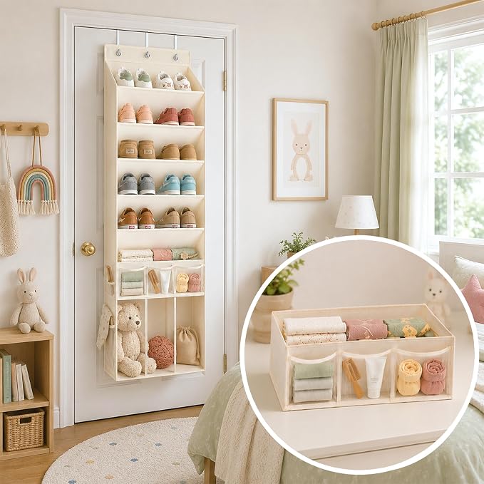 3in1 Over The Door Shoe Organizer with 5 Slanted Compartments,Removable Storage Bin & Transparent Pockets,Thickened Waterproof Oxford Fabric Shoes Rack for Shoes,Boots,Toys,Daily Essentials. (Beige)