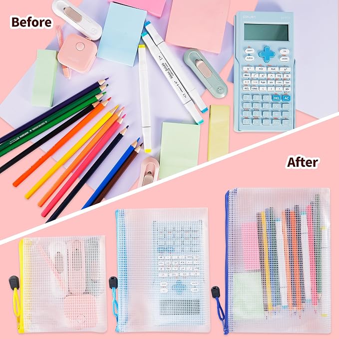 UMETDO 24pcs Mesh Zipper Pouch Bags - 8 Sizes Plastic Pouches for Organization, Mesh Bags With Zipper, Waterproof Clear Travel Pouches, File Bag for Office Supplies