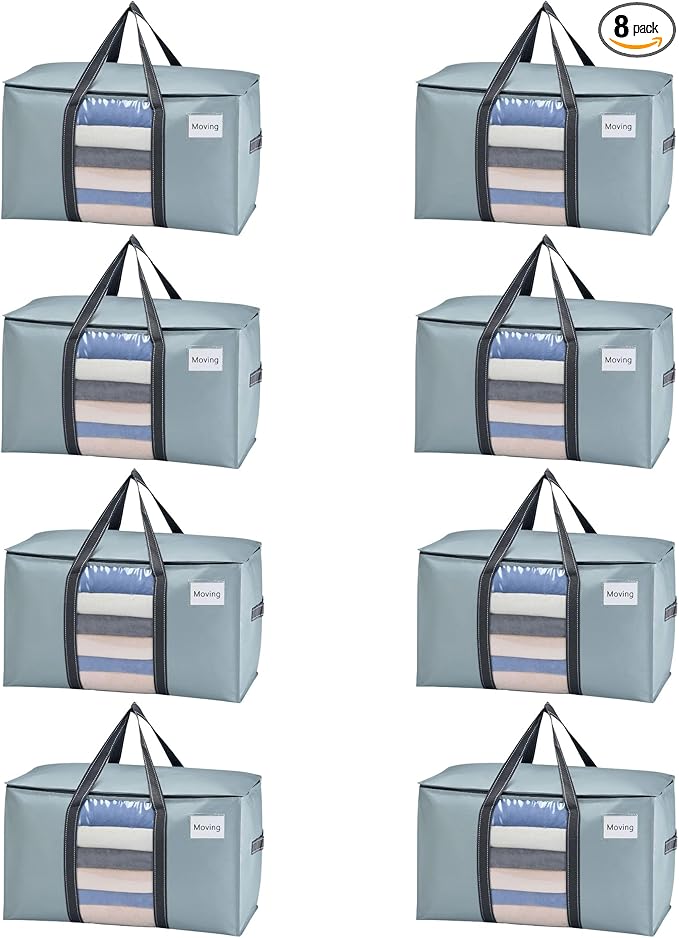 VENO 8 Pack Moving Bags with Clear Window, Heavy Duty Storage Bins with Lid, Around Handles, Tag, Zippers, Extra Large Totes Packing Moving Boxes Supplies for College Dorm Clothes (Light Blue)