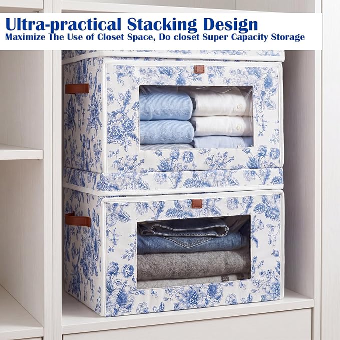 Domensi 2 Pack Blue Floral Large Storage Bins with Lids Handles Blue and White Porcelain Storage Boxes 16.5x11.8x11 Inch Foldable Fabric Basket Decorative Organizer for Clothes Nursery Dorm(Window)