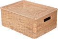 Hipiwe Handwoven Rattan Basket with Lid Decorative Shelf Basket Bin with Handle Rectangular Wicker Storage Box for Home Organizing, 17" x 13" x 6.7"