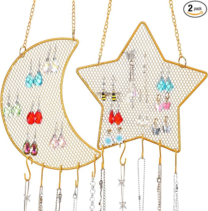 Jetec 2 Pcs Earring Wall Holder Wall Mounted Organizer Hanging Stand Decorative Diamond Grid Shape Jewelry Display Rack with Hanging Hooks for Earrings Necklace Bracelet(Gold)