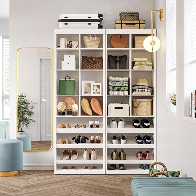 IRONCK Tall Shoe Storage Cabinet with Adjustable Shelves and Cubbies, White | Narrow Shoe rack Storage Organizer for entryways, closets, bedrooms and small apartments