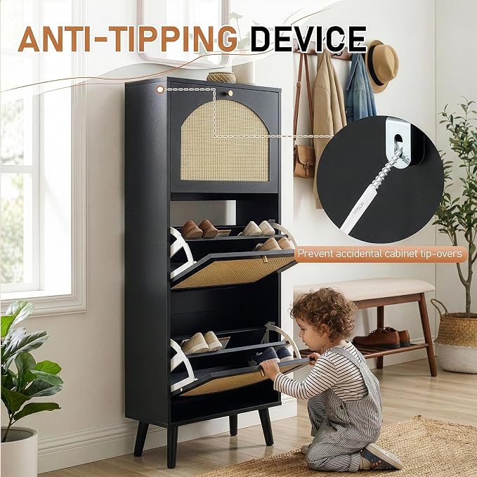 Karl home Black Rattan Shoe Cabinet, 3-Tilt-Out Entryway Storage Organizer | Hidden Shoe Rack with 3 Tilt-Out Compartments for Heels, Slippers and Casual Shoes, Space Saving Entryway Furniture