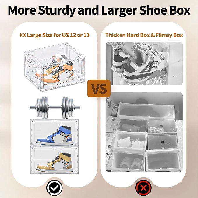6 Pack Hard Plastic Clear Shoe Storage Organizer Boxes, White | Heavy Load Up to 80lb,Acrylic Magnetic Door,Stackable,Easy to Assemble,Dust-free,for Closet,Entryway,Under Bed,Small Space
