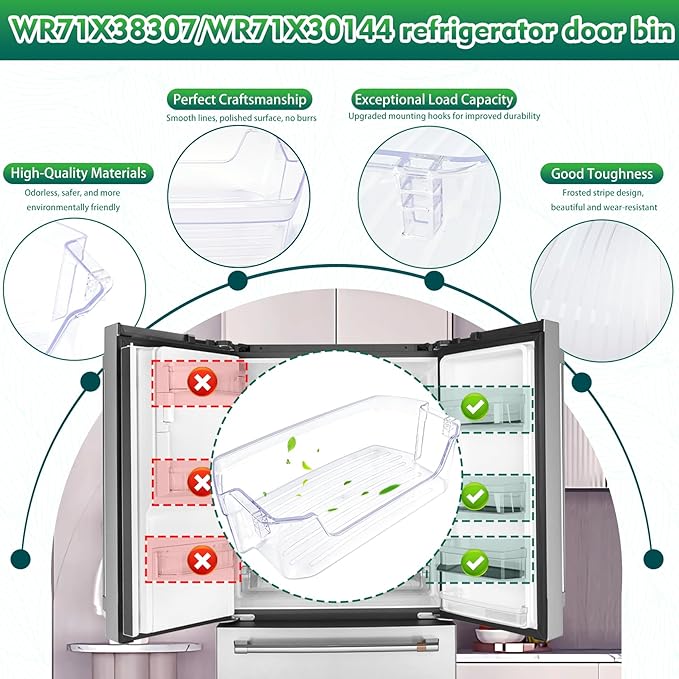 WR71X38307, WR71X30144 Door Shelf Bin Compatible with ge refrigerators (some models): GFE26JYMNFFS, GNE27JYMNFFS, GNE27JYMWFFS etc, Door Shelf Replacement: 4975750, AP7186356, EAP16729788, PS16729788