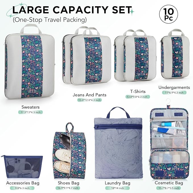OlarHike 10 Set Compression Packing Cubes for Travel Essentials,Compressible Expandable Space Saver Bags for Organizing Clothes,Luggage Garment Bags with Over 1000 pcs Mesh Holes(Dark Blue Floral)