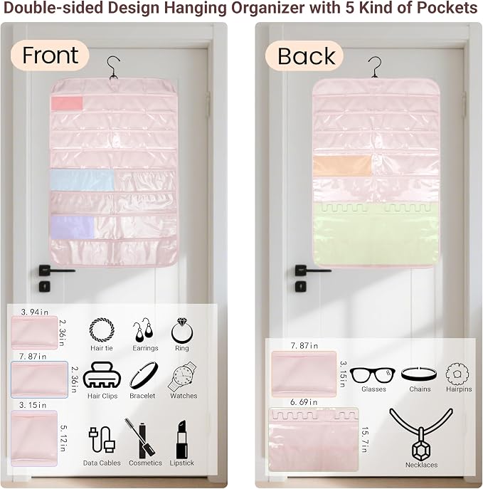 Upgraded 2-sided Hanging Jewelry Organizer Storage Pocket with 5 Sizes Compartments & 1 Anti-tangle Holder Hook for Necklace,Dustproof Display Pouches for Earring,Chain,Bracelet,Watches,Glasses,1 Pack