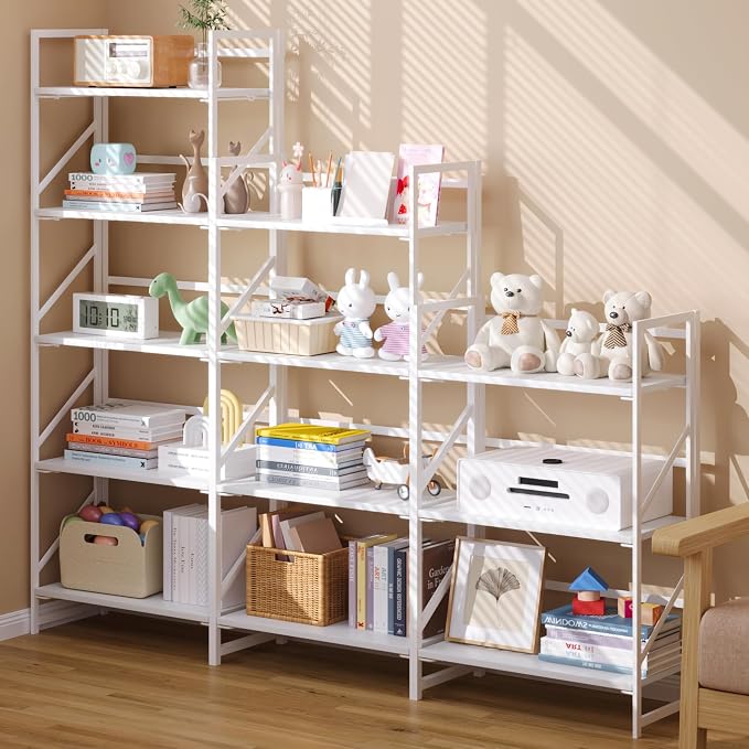 JSB No Assembly Folding Bookshelf, 4 Tier Industrial Metal Book Shelf for Storage, Vintage Wood Foldable Bookcase for Living Room, Bedroom, Office Organization Shelves