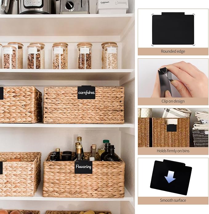 13Pcs Black Clip-On Basket Labels Set with White Marker, Reusable Pantry Bin Labels for Kitchen, Linen Closet & Storage Organization