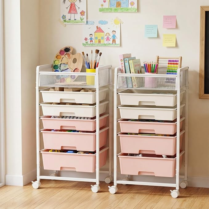 Stylish Rolling Craft Cart with Wheels and 5 Drawers, Art Cart Organizer and Storage, Rolling Storage Cart for Organizing Crafts, Yarn, Toys, School Supplies, etc