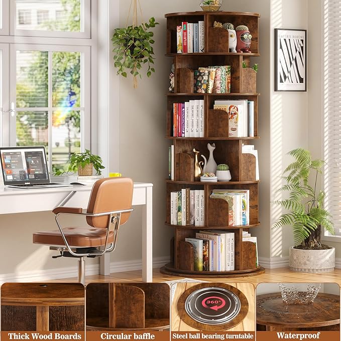 Aheaplus 6 Tier Rotating Bookshelf, Wood Spinning Bookshelf Tower, Round Revolving 360 Bookcase, Narrow Turning Book Shelf Rolling Corner Organizer for Small Space, Bedroom, Office, Rustic Brown