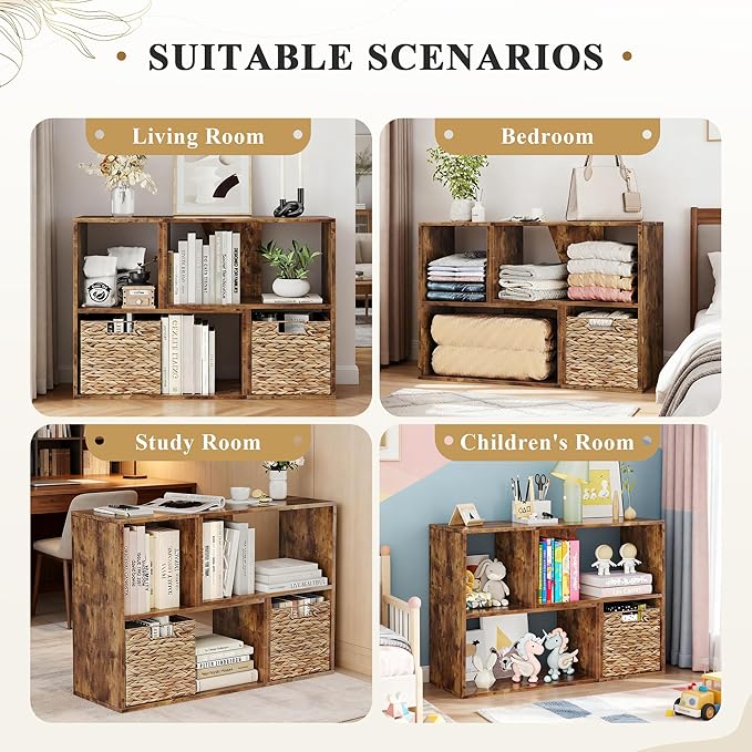 MapleGrace 6 Cube Storage Organizer, Wooden Storage Shelves Bookcase with Back Panels, Stackable Display Bookshelf Includes 2 Wicker Baskets for Living Room, Bedroom, Study, Hallway, Rustic Brown