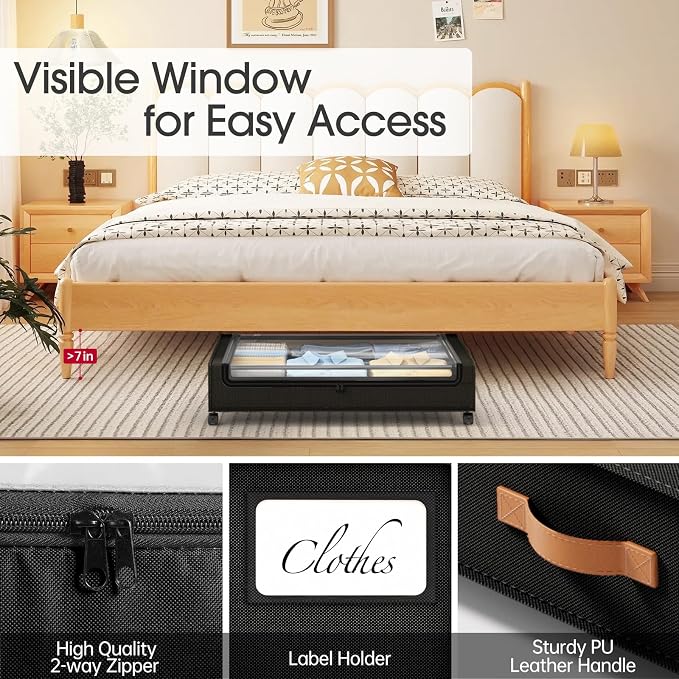 Yecaye 60 L Under Bed Storage with Wheels, 2 Pack Under Bed Storage Containers, Underbed Shoe Storage with Clear Window & Label, Rolling Under Bed Metal Drawer for Clothes, Shoes, Books, Black