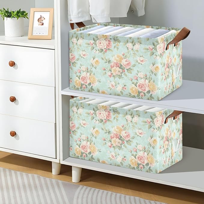 French Country Style Roses and FlowersStorage Bins for Shelves with Labels&Handles Fabric Organizer Bin Foldable Rectangle Storage Basket Boxes for Closet, Bathroom, Home, Living Room