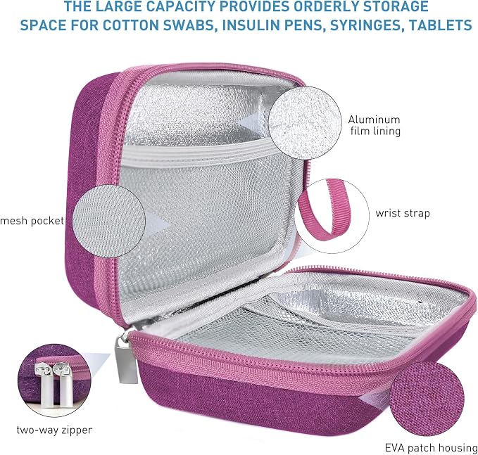 suzamed Insulin Cooler Travel Case,EVA Insulation Travel Medicine Kit with 2 Ice Packs for Diabetes Care,Insulin Pen and Other Diabetic Supplies (Burgundy)