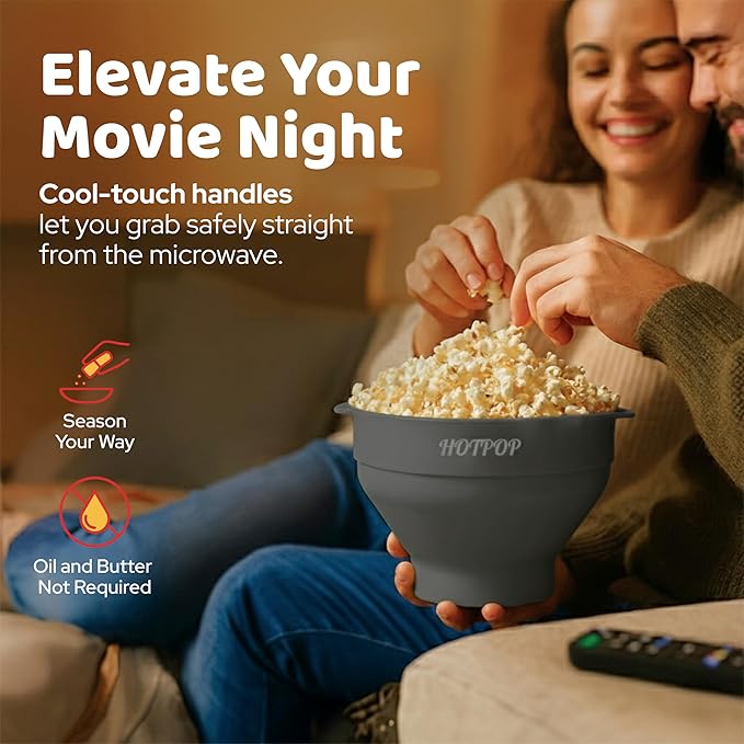The Original Hotpop Microwave Popcorn Popper, Silicone Popcorn Maker, Collapsible Bowl BPA-Free and Dishwasher Safe- 20 Colors Available (Gray) (Pack of 2)