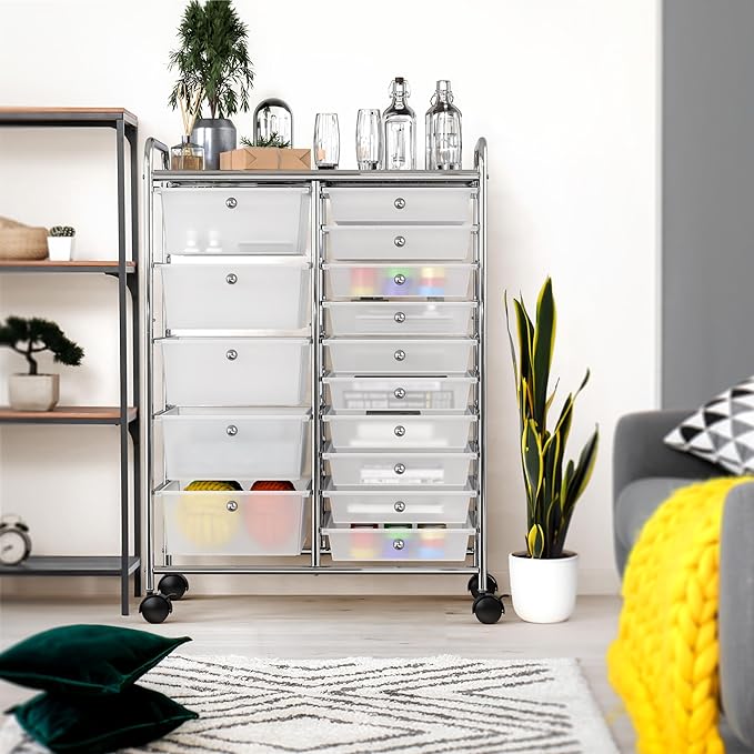 Simple Houseware 15 Drawers Rolling Utility Cart Art Craft Storage, Chrome | 2-Column, 35.8" Height, Lockable Wheels, for School, Office, Art Craft, and Paper Storage