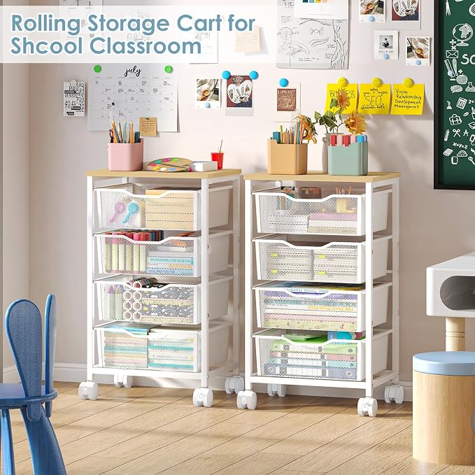 Hongtamoya Rolling Cart with Drawers, Storage Cart with Wheels Metal Rolling Drawer Cart with Lockable Wheels and Wood Tabletop Craft Storage Art Cart for Living Room Bedroom Classroom Office White