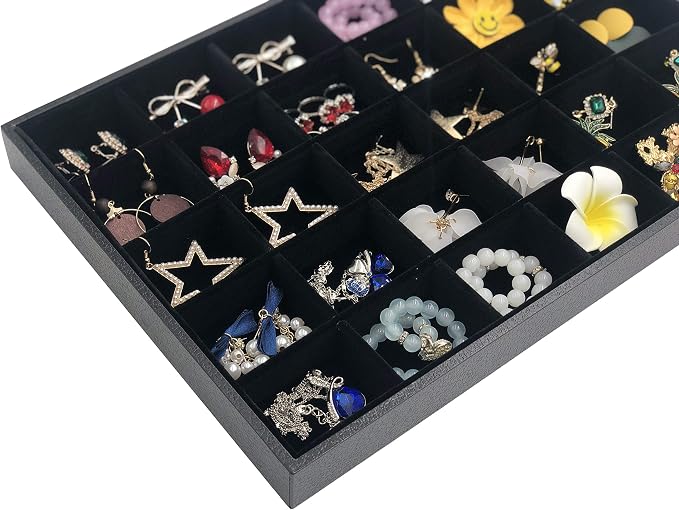 Stratalife 30 Grid Jewelry Organizer Tray, Stackable Drawer Earring Organizer with Adjustable Dividers, Jewelry Display Tray for Necklace Earring Ring Bracelet, 13.8" x 9.4" x 1.2", Black