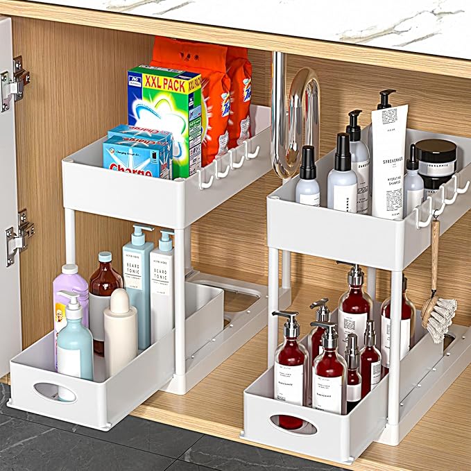 PUILUO 2 Set Under Sink Cabinet Organizer, 2 Tier Storage Under Cabinet Bathroom Under Sink Organizers and Storage Black Under Sink Storage for Bathroom Kitchen