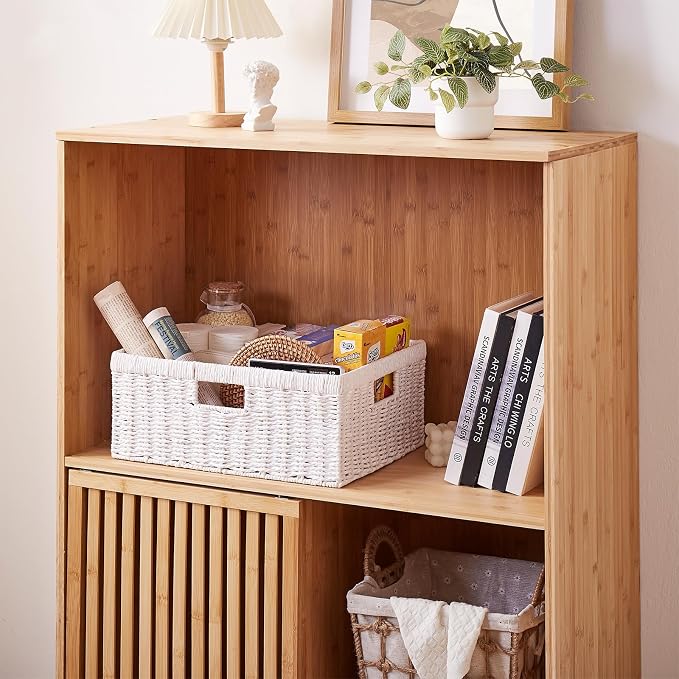 OIAHOMY Wicker Storage Basket, Rectangular Paper Rope Shelf Baskets with Built-in Handles, Woven Decorative Organizer for Pantry, Shelves, Living Room and Bathroom, 1-Pack White