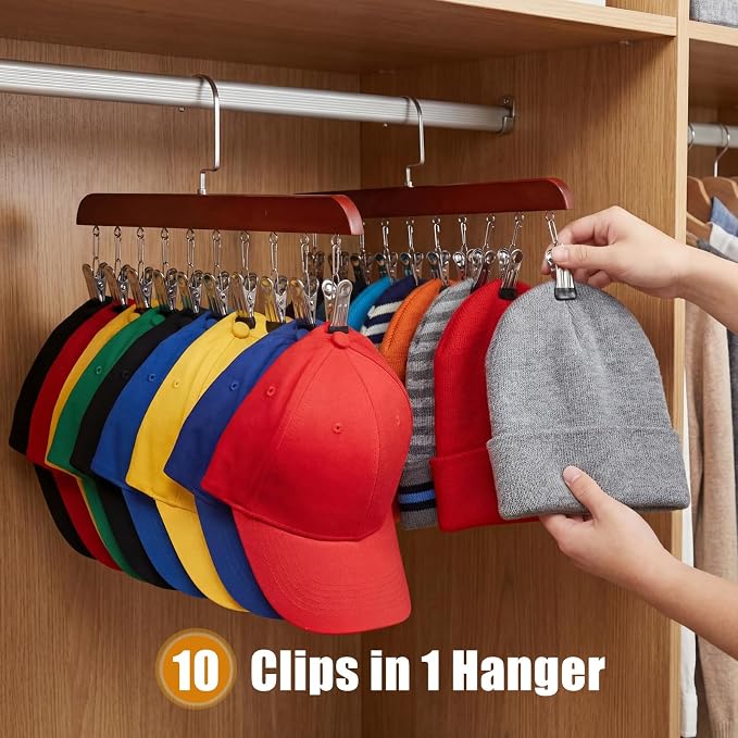 Novabright 4 Pcs Closet Organizer with 10 Clips Wooden Hat Rack for Closet, Space-Saving Hanging Organizer, Multipurpose Storage Display Accessory for Beanies, Ties, and Socks (Brown)