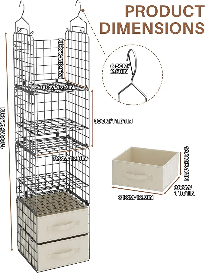 4 Pack Metal Hanging Closet Organizer, Adjustable Wire Shelves with 2 Fabric Drawers, Heavy Duty Foldable Clothes Storage Rack | No Sag Foldable Storage Rack for Clothes, Sweaters, Socks, Hats, Small Closets, Apartments, Dorms