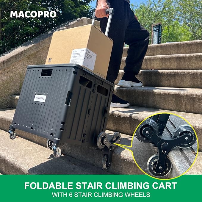 MACOPRO Foldable Utility Cart with Stair Climbing Wheels, Collapsible Rolling Crate with Telescoping Handle, Folding Shopping Trolley Handcart Grocery Book File Tool Teacher Storage Basket (Black)