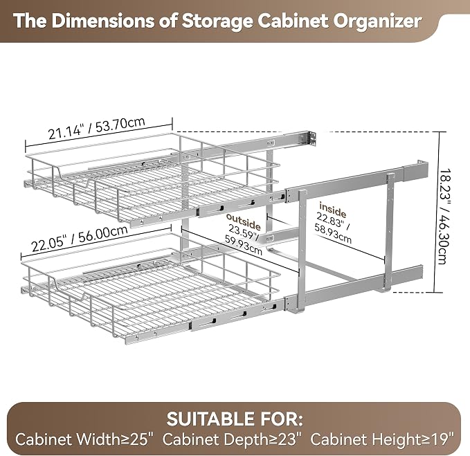 2 Tier Pull Out Cabinet Organizer 24" W X 22" D, Slide Out Drawers For Kitchen Cabinets, Pull Out Drawers For Cabinets Capacity Heavy Duty Caddy, Cabinet Pullout Shelves Chrome-Plated, Bathroom Pantry