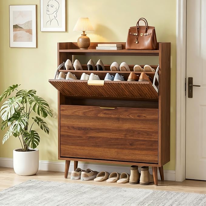 BERRYMERRY 30" Narrow Shoe Storage Cabinet with 2 Flip Drawers and Wave Fluted Design for Hallway Entryway Living Room Foyer (Fluted Walnut 2 Drawer)
