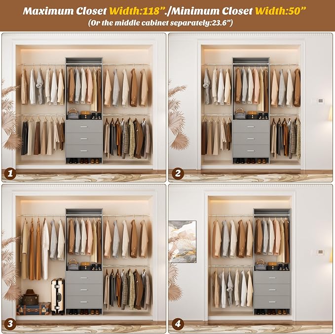 Aheaplus Closet System, Closet Organizer with 3 Wooden Drawers, Closet Organizer System, Walk-in Closet Wardrobe Clothes Rack with 4 Hanging Rods, Garment Rack, -4R, Grey