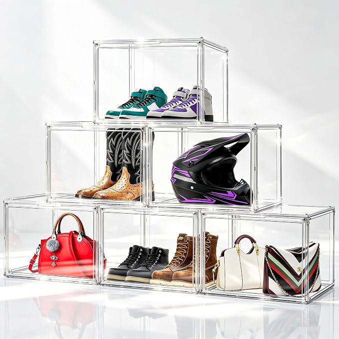 XXX-Large Extra Large Acrylic Display Case 17.3'' x 13'' x 13'' Transparent Sneaker Shoe Organizer Clear Plastic Stackable Boot & Shoe Boxes Large Showcase for Helmet, Handbag, Figures Collectibles