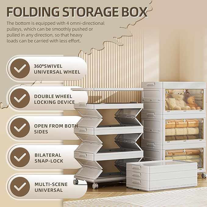 132 QT / 33 Gal Multi-Purpose Foldable Storage Cabinet - Transparent Dual Doors with 3-Stage Locking System, Heavy Duty Wheels, Simple Pull-to-Open Mechanism for Home/Office/Garage Organization