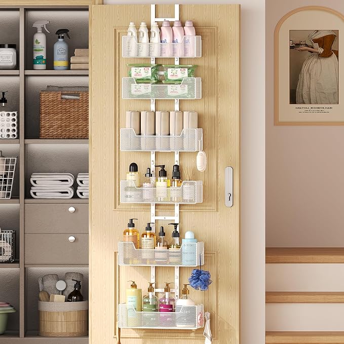 Hongtamoya Adjustable Over The Door Organizer, Metal Hanging Door Organizer with 6 Baskets and 5 Hooks, Behind The Door Storage for Closet Pantry Cabinet Kitchen Bathroom, White