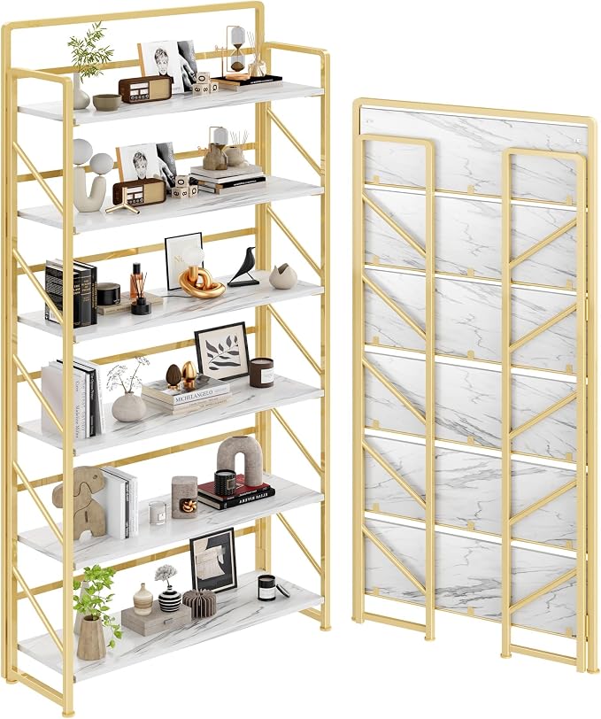 JSB 6 Tier No Assembly Folding Bookshelf, 30.3" Wide Foldable Storage Bookcase for Home Office, Space-Saving Storage Shelf for Living Room (White&Gold)