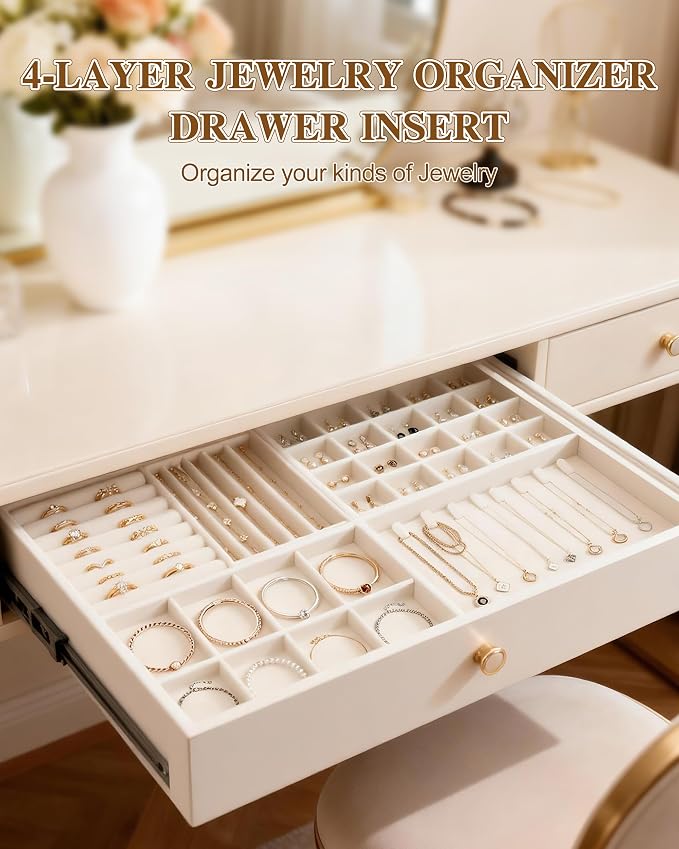 Velvet Jewelry Drawer Organizer Trays Set - 4-Layer Stackable Jewelry Storage Inserts for Earrings, Rings, Necklaces, Bracelets, Removable Dividers Display Case, Dresser Vanity, Gift for Women