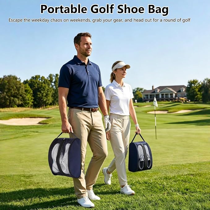 Golf Shoe Bag with Full Top Mesh Ventilation, Zippered Sports Shoe Carrier for Travel, Fits up to Size 13 Men Women (Black)