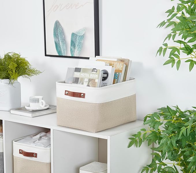 DECOMOMO Storage Bins, Extra Large Fabric Storage Baskets for Shelves, Decorative Linen Closet Organizer, 15.8 x 12.5 x 10 inches (Beige & White, 3 Pack)