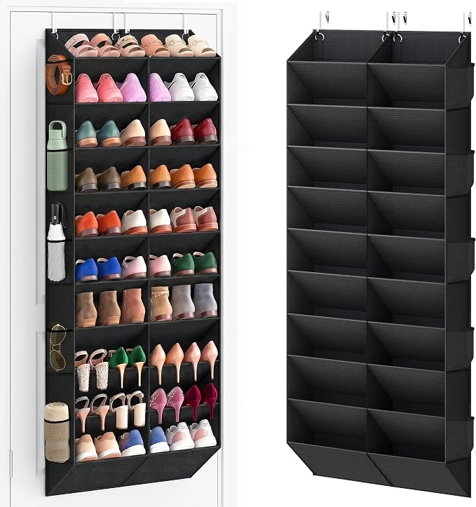 UVIAHOMI 20-30 Pairs Over the Door Shoe Organizer with Side Mesh Pockets, 10-Tier Hanging Shoe Storage for Closet, Breathable Door Shoe Rack Holds Sneakers, Boots, Heels & Daily Essentials, Black
