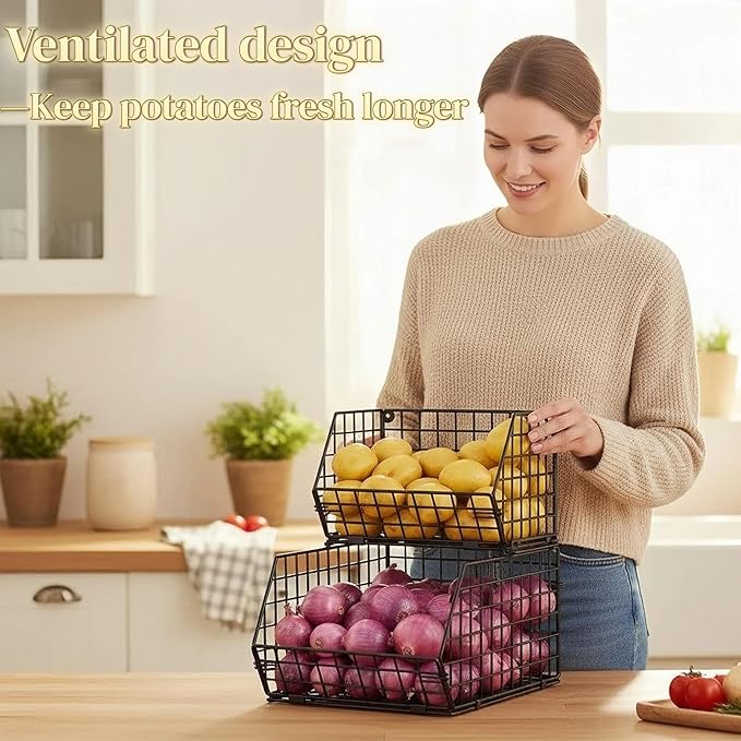 2-Tier Potato and Onion Storage Bin, Stackable Wire Baskets for Countertop | Large Fruit and Vegetable Storage, Wall-Mount Kitchen Pantry Organizer with Ventilated Mesh to Keep Produce Fresh for Cabinet