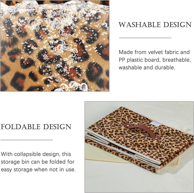 2PCS Storage Bins with Lids Decorative Leopard Print Box Basket | Velvet Fabric, Faux Leather Handles, Washable PP Board, Foldable Lidded Clothes Container, Shelf Closet Organizer, Small Size